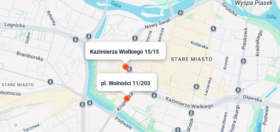 Mapa z lokalizacjami gabinetów Centrum Harmonii w centrum Wrocławia